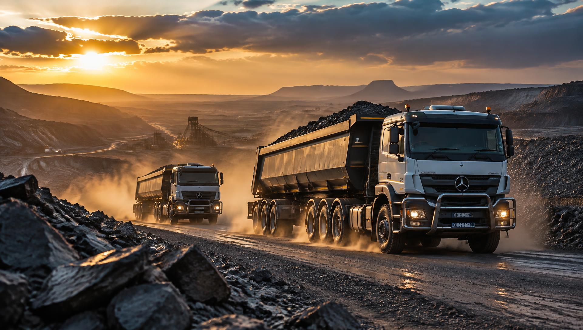 Bulk haulage trucks carrying chrome ore at sunset